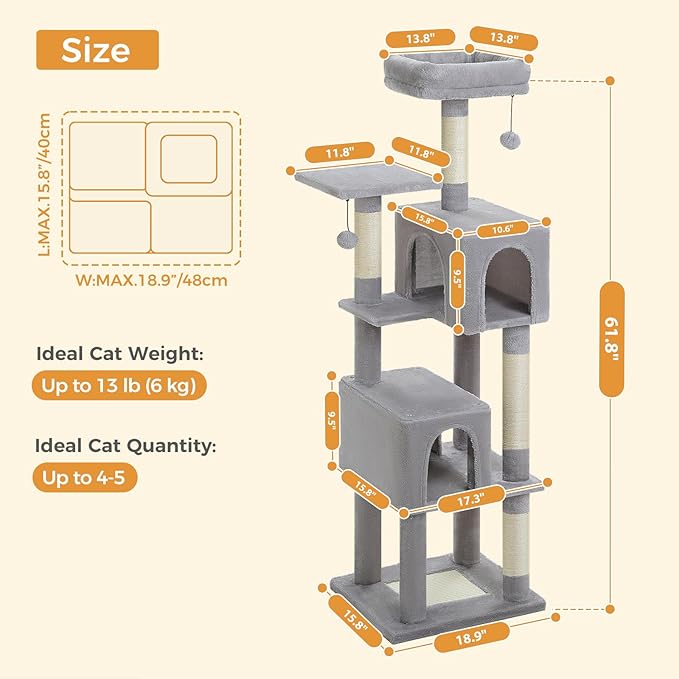 MUTTROS 62-Inch Cat Tree for Indoor Cats, Large Cat Tower with Scratching Posts for Large Cats, 2 Bigger Plush Condos, Padded Platform, Soft Cat Bed and Scratching Pad, 2 Pompoms, Gray