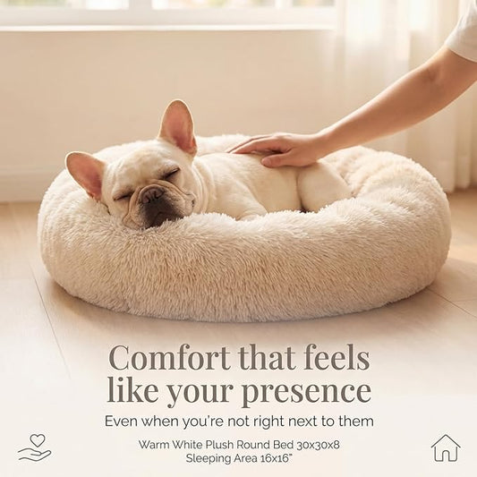 Calming Donut Dogs Beds for Small Dogs Washable,28inch Plush Round Pet Bed for Cozy Sleep,Fluffy Faux Fur Large Cat Bed,Fits up to 30 lbs Pets,Beige