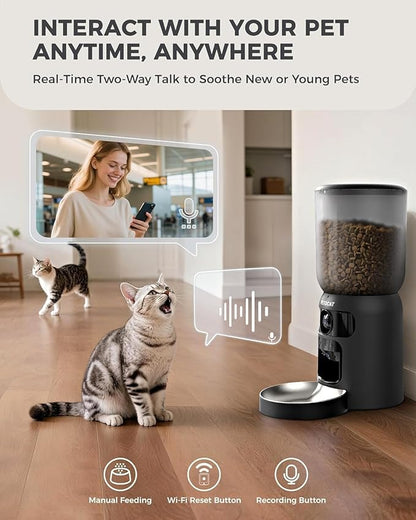 PETOCAT AI Automatic Cat Feeder with 2K HD Dual Cameras,5G&2.4G Wi-Fi 6L Cat Food Dispenser with Cats Recognition& Diet Tracking, Laser Interactive Toy & Two-Way Audio