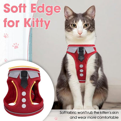 Cat Harness and Leash Set for Walking Escape Proof, Soft Adjustable Kitten Harness Breathable Mesh with Reflective Strips Harness for Kitty Puppy Bunny(Red,XS)