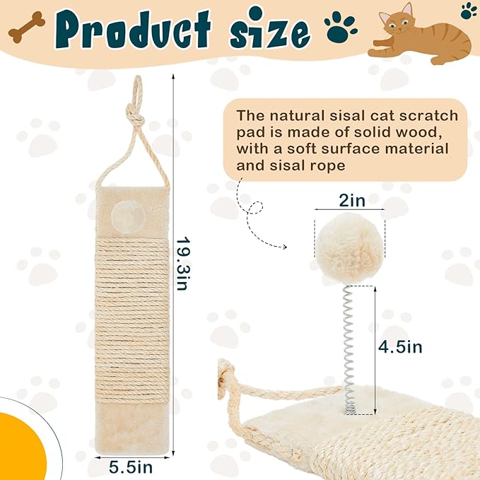 Dansydaisy 2 Pcs Cat Scratcher Door Hanging, 19.3 x 5.5inch Cat Scratching Post Wall Mounted, Natural Sisal Scratching Pad Surface with Ball Toy for Indoor Cats Kitty