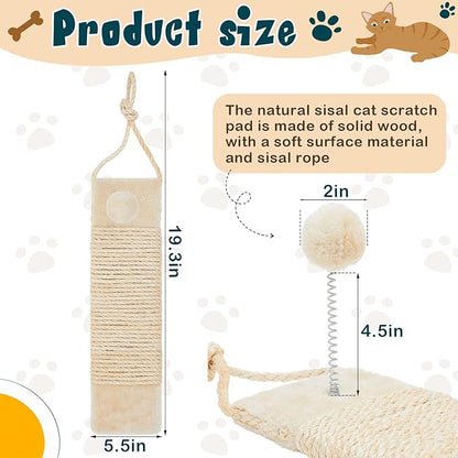 Dansydaisy 2 Pcs Cat Scratcher Door Hanging, 19.3 x 5.5inch Cat Scratching Post Wall Mounted, Natural Sisal Scratching Pad Surface with Ball Toy for Indoor Cats Kitty
