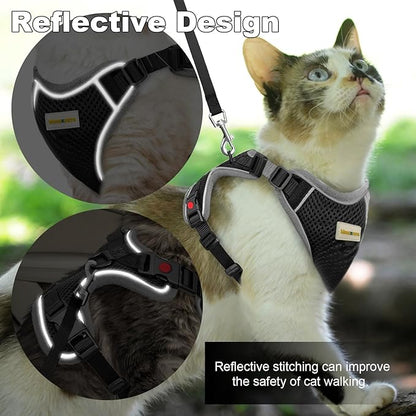 MingXpets Cat Harness and Leash for Walking, Retractable Cat Harnesses and Leash Set Escape Proof, Breathable Soft Kitten Small Large Harness for Travel Training and Walking, Black, M