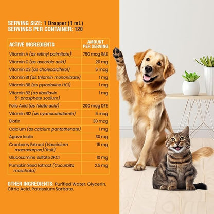 10-in-1 Liquid Multivitamin for Dogs and Cats, 4 Ounce Multi Vitamin Supplement, Vitamin for Dogs, Vitamins for Cats, with Glucosamine & Cranberry, 4 oz