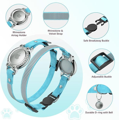 AirTag Cat Collar Breakaway, Diamond Microfiber Cat Collars with Apple Air Tag Holder and Bell, Adjustable Comfortable GPS Tracker Cat Collar for Girl Boy, Kittens, Puppies (Blue)