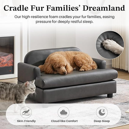 Luxury Dog Sofa Bed Elevated Pet Couch with Durable Waterproof Leather & Orthopedic Sponge - Modern Furniture Style Dog Lounge & Pet Bedside Step for Small/Medium Dogs/Cats, Gray