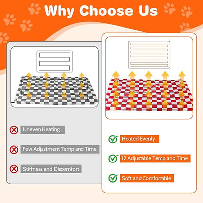 Dog and Cat Heating Pad, 12 Adjustable Temperature & Timer with Chew Resistant Cord, Indoor Pet Heated Bed Mat for Cats and Dogs (Red, 27.5x17.7in)