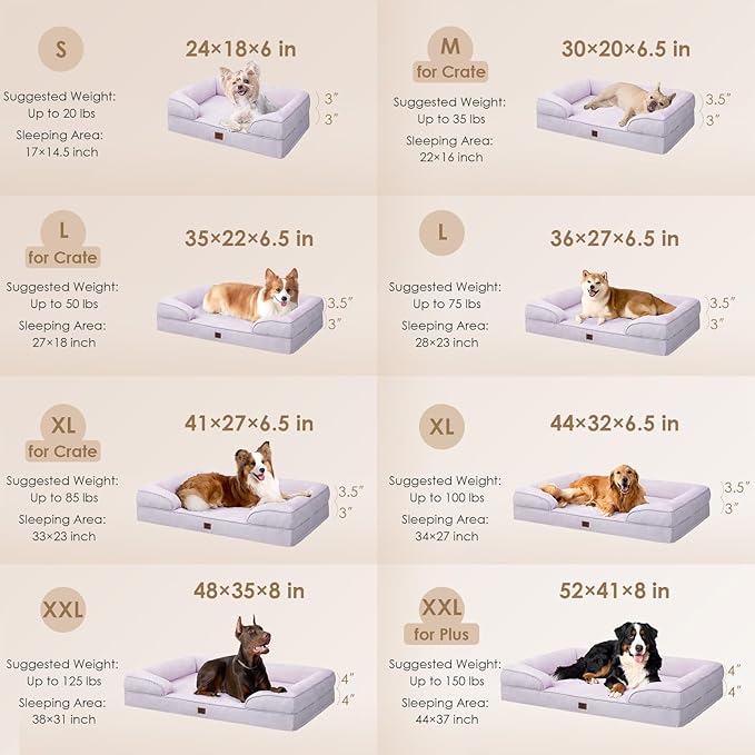 EHEYCIGA Orthopedic Dog Beds Large Sized Dog, Waterproof Memory Foam Pet Bed with Sides, Non-Slip Bottom Large Pet Bed with Washable Removable Cover, Lilac
