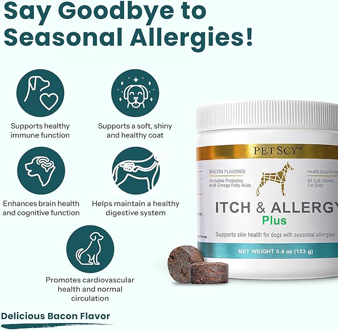 PetScy Itch & Allergy Plus Dog Allergy Chews for Itchy Skin, Ears & Paws | Colostrum, Probiotics & Quercetin | Dog Allergy Relief for Skin Redness, Immunity and Digestive Health - 60 Chews (Pack of 3)