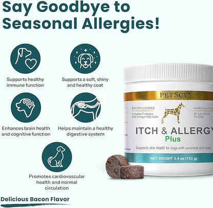 PetScy Itch & Allergy Plus Dog Allergy Chews for Itchy Skin, Ears & Paws | Colostrum, Probiotics & Quercetin | Dog Allergy Relief for Skin Redness, Immunity and Digestive Health - 60 Chews (Pack of 3)