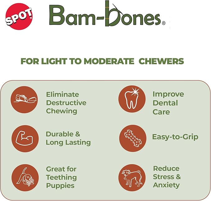 SPOT Bam-Bones Braided Ring - Made with Strong Bamboo Fiber, Durable Long Lasting Dog Chew Toy for Light to Moderate Chewers, for Adult Dogs & Teething Puppies Under 30lbs, 5in, Hickory Smoke Flavor