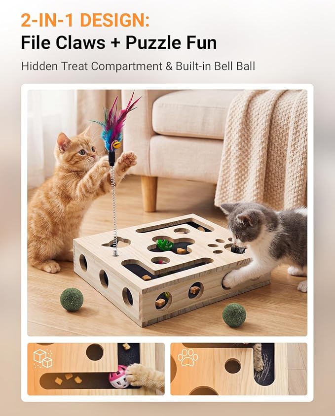 Cat Toys for Indoor Cats - Cat Nail File Box with Interactive Cat Toys, 2026 Upgraded Cat Puzzle Feeder Scratch Puzzle Toy for Indoor Cats, Natural Claw Care with 2 Wand Toys&Catnip Ball&4 Bell Ball