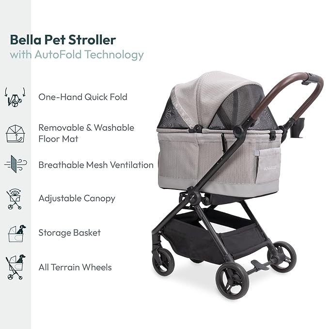 WonderFold Bella Pet Stroller - Autofold Design with Lightweight Aluminum Frame, Breathable Carriage Fabrics and Canopy, Safety Tethers & Easy-Clean Interior - Light Gray