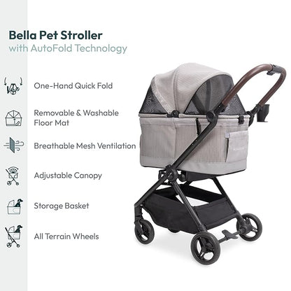 WonderFold Bella Pet Stroller - Autofold Design with Lightweight Aluminum Frame, Breathable Carriage Fabrics and Canopy, Safety Tethers & Easy-Clean Interior - Light Gray
