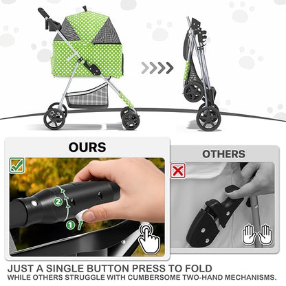 MoNiBloom 3 in 1 Foldable Pet Stroller for Small & Medium Dogs, Detachable Carrier, Car Seat, Push Button Entry, 4-Wheel Jogger for Pets up to 33 lbs, Lawn Green Polka Dots