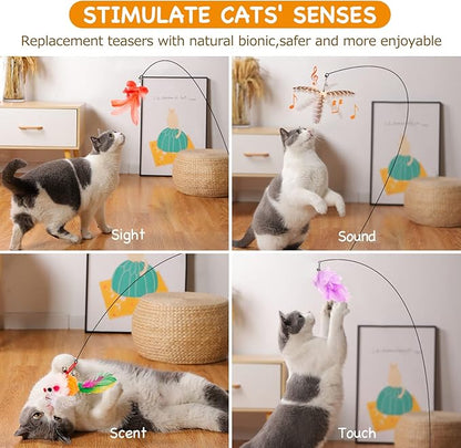 Cat Toys Wand, Interactive Cat Toy with Super Suction Cup Sticky Detachable 12 PCS Feather Replacements 2 Wands Cat Spring Feather Toys for Indoor Cats Kitten Toys (8 Toys Double Headed)