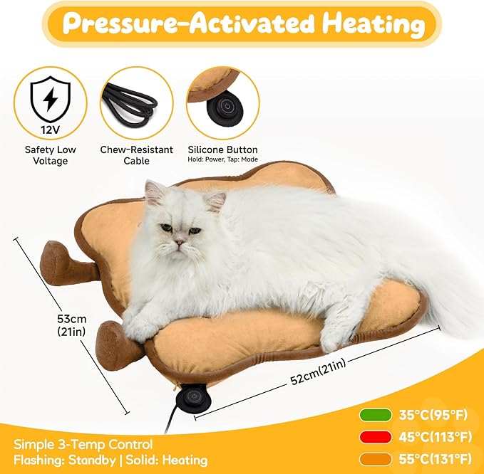 Heated Cat Bed for Indoor Pets Pressure-Activated Cat Heating Pad Extra Large Electric Pet Heated Pad Adjustable Temp Pet Heating Pads with Removable Cover Biscuits Brown 21"X 21"
