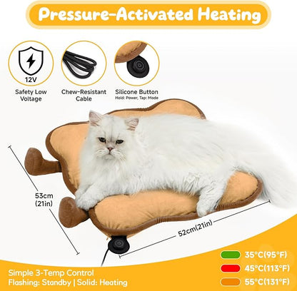 Heated Cat Bed for Indoor Pets Pressure-Activated Cat Heating Pad Extra Large Electric Pet Heated Pad Adjustable Temp Pet Heating Pads with Removable Cover Biscuits Brown 21"X 21"