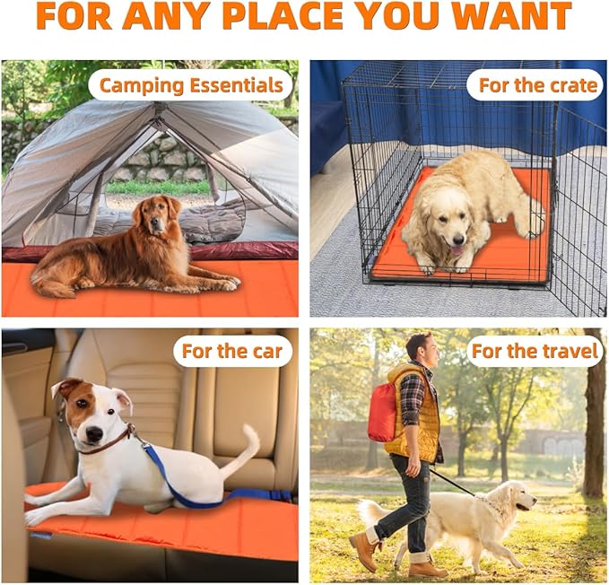 BDEUS Travel Dog Bed, Outdooor Camping Pet Mat, Portable Place Mat with Handle, Easy to Clean, Waterproof & Portable and Odor Resistant Pet Cooling Pad (X-Large 51" x 35", Orange)