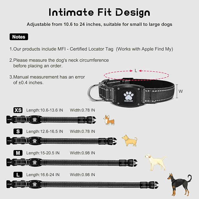 GPS Dog Collar Tracker 2-in-1,Reflective Waterproof Pet Collar,iOS-Only,No Monthly Fees,Unlimited Range,Ideal for Dog Tracking pet Tracker,for Small Medium Large Dogs(S (12.6"-16.5"), Black)