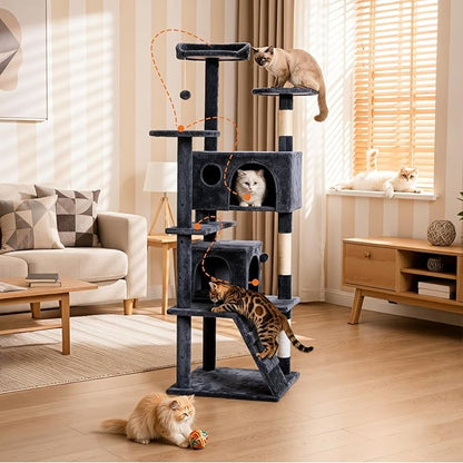 Sweetcrispy 62 Inch Cat Tree Tower, Multi-Level with Cat Scratching Post, Indoor Cat Condo with Climbing Ladder, Plush Toy, Play House for Cat, Dark Grey