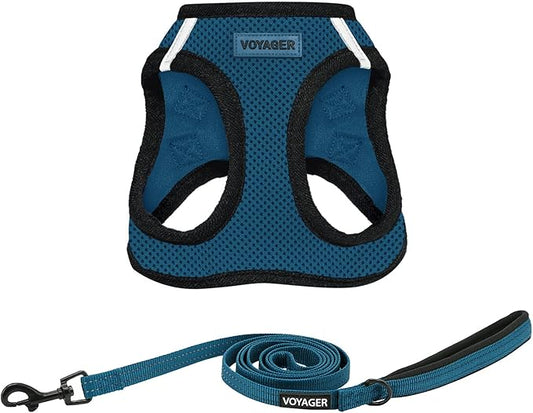Best Pet Supplies Voyager Step-in Air All Weather Mesh Harness and Reflective Dog 5ft Leash Combo with Neoprene Handle, for Small, Medium and Large Breed Puppies - Set (Blue/Black Trim), X-Small