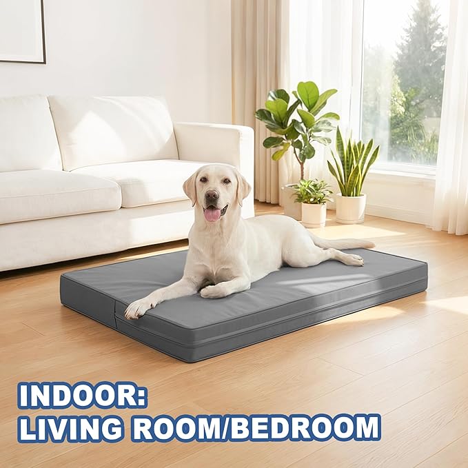 Vonabem Outdoor Waterproof Dog Bed Washable, XXL Crate Pad 48 Inch, Foam Large Pet Bed with Removable Cover Reversible, Durable Leather Anti-Slip Kennel Pads 47"x29" Grey