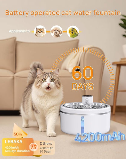 Wireless Cat Water Fountain with Stainless Steel Tray, 84oz/2.5L Pet Fountain for Cats Inside, Cat Fountain for Drinking with Motion Sensor, Ultra Quiet Pump for Pets&Small Animals (84oz+8Filters)