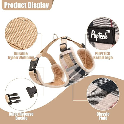 PUPTECK Small Dog Harness and Leash Set, No Pull Adjustable Puppy Cat Harness, Reflective Soft Mesh Pet Vest Small Sized, Beige Plaid, S