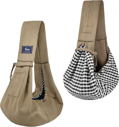 CUBY Dog and Cat Sling Carrier - Hands Free Reversible Pet Papoose Bag - Soft Pouch and Tote Design - Suitable for Puppy, Small Dogs Cats Outdoor Travel(Khaki, Unadjustable Strap)