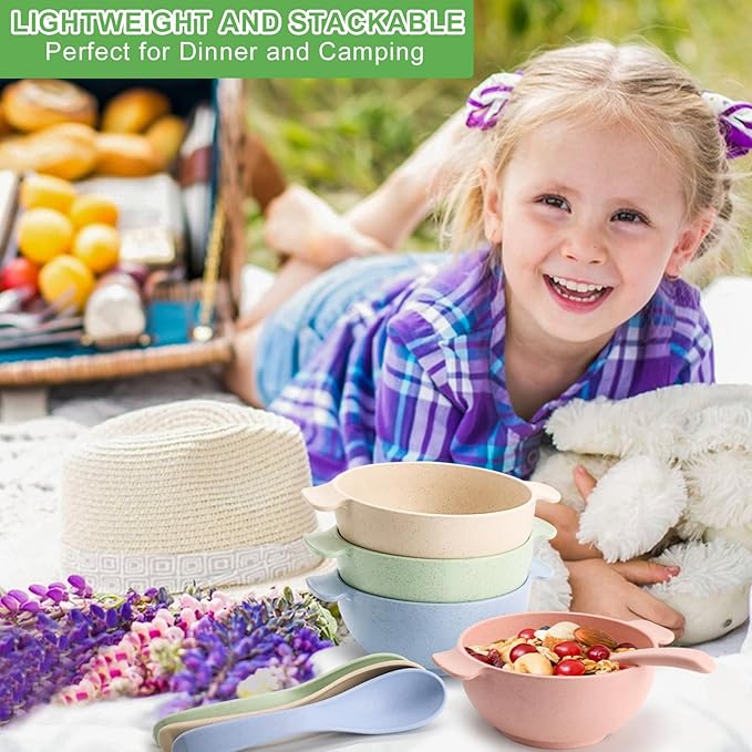 shopwithgreen Unbreakable Kids Bowls -Microwave Dishwasher Safe- Wheat Straw Snack Bowl Sets for Kids/Toddler/Children/Baby Feeding - 4 Bowls and 4 Spoons, Lightweight and Durable, 14 OZ