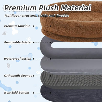 Human Dog Bed, 71''x45''x12'' Size Fits You and Pets, Washable Faux Fur Pet Bed for People Doze Off, Napping Orthopedic Dog Bed, Present Plump Pillow, Blanket, Strap - Brown