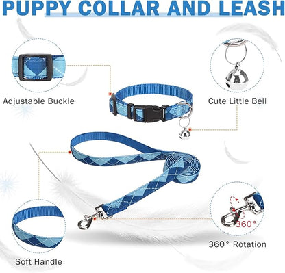 SCENEREAL Small Dog Harness and Leash Collar Set, Step in No Pull Soft Mesh Dog Harnesses for Small Medium Sized Dogs Puppy and Cats Outdoor Walking, No Chock Reflective Vest Harness, Blue Plaid M