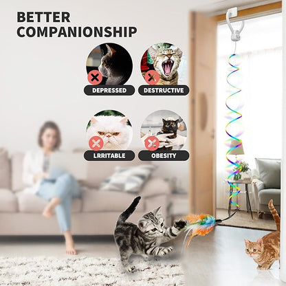 Interactive Cat Toys for Indoor Cats,Automatic Hanging Electric Cat Teaser Door Frame & Doorway,with Feather Mouse String wand Enrichment Chase Toy,Safe Self Play for Bored Multi Cats Households