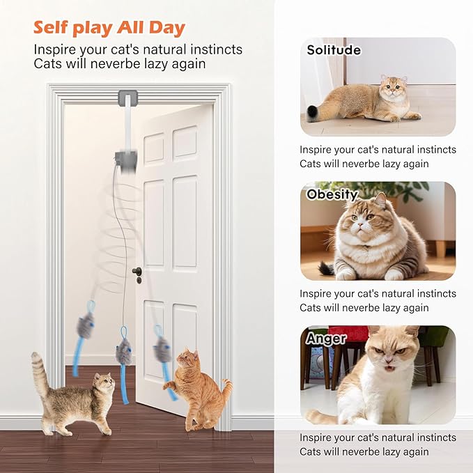 Rechargeable Electric Cat Teaser with Remote – Interactive Door Clip Teaser for Cats, 2 Motion Modes (360° Spin & Irregular Jumping), Smart Auto Cat Toy for Exercise & Fun (No Remote) (Grey)