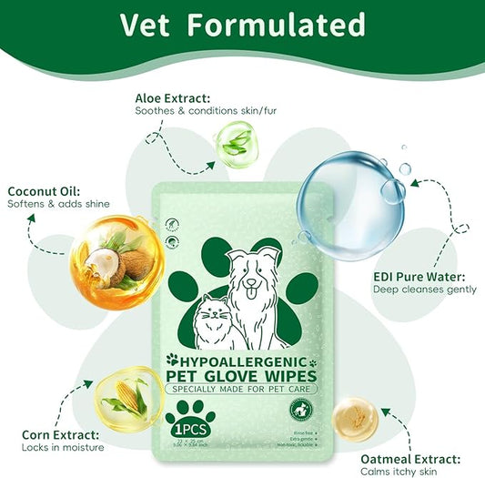 GLADFRESIT Pet Grooming Glove Wipes for Dogs & Cats, Hypoallergenic Deodorizing Cleansing Wipes with Coconut Oil & Botanical Extracts, Daily & Outdoor Care, 60g Portable and Lightweight (6 Pcs)
