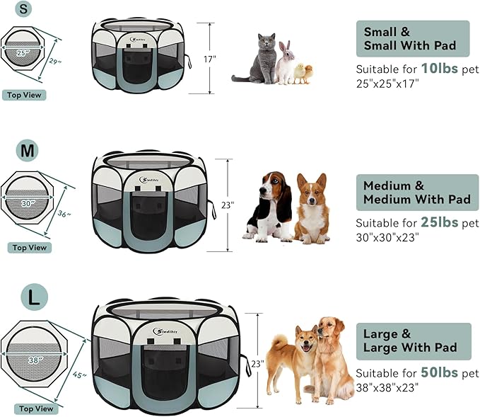 Siedihit Dog Playpen with 2 Washable Pee Pad, Puppy Pet Cat Playpen Small AnimalsTent Crate Indoor/Outdoor, Portable Pop Up Kennel with Carrying Case(Grey with 2 Pads, Small)