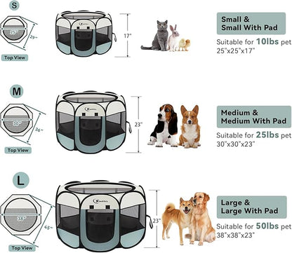 Siedihit Puppy Playpen for Large Dog Cat, Dogs Tent Crate Cage Indoor/Outdoor, Portable Pop Up Dog Kennel with Carrying Bag for Rabbits, Removable Top (Grey with Pad, Large)