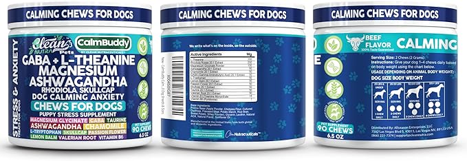 CalmBuddy Anxiety and Stress Relief Supplements GABA L-Theanine Magnesium Ashwagandha Rhodiola Rosea Chamomile L-Tryptophan Skullcap Taurine Valerian Root 60 Beef Flavor Chew by Clean Nutra Pets