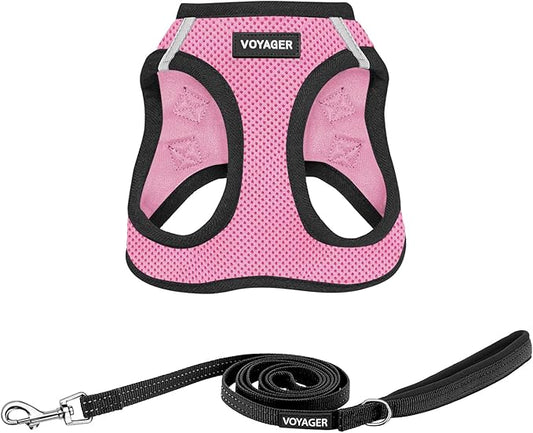 Best Pet Supplies Voyager Step-in Air All Weather Mesh Harness and Reflective Dog 5ft Leash Combo with Neoprene Handle, for Small, Medium and Large Breed Puppies - Set (Pink Base), X-Large