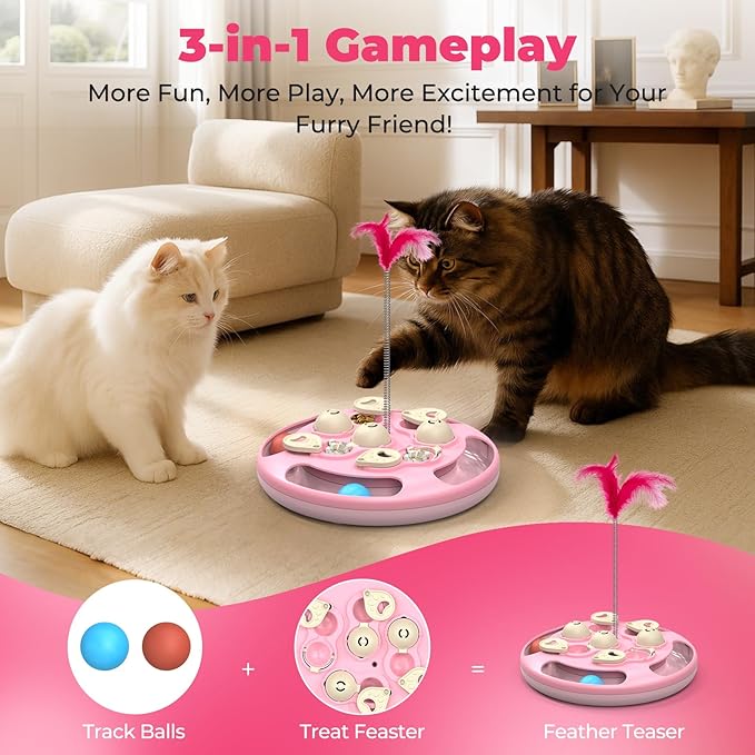 Cat Puzzle Toys Games Level 3 in 1 with Track Balls, Feather Teaser & Treat Feeder | Non-Slip Base | Mental Stimulation Enrichment for Indoor Cat, Dogs | Kitty Gift, Pink