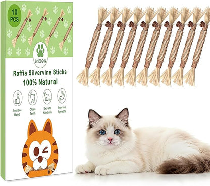 [10 Pack] Silvervine Sticks for Cats, Natural Chew Stick for Dental Care Teeth Cleaning, Cat nip Chew Rope Toys for Bored Indoor Kittens, Catmint Silvervine Blend Toys