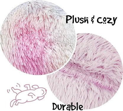Friends Forever Donut Dog Bed Faux Fur Fluffy Calming Sofa For Small Dogs, Soft & Plush Anti Anxiety Pet Couch For Dogs, Machine Washable Coco Pet Bed with Non-Slip Bottom, 23"x23"x6" Rainbow