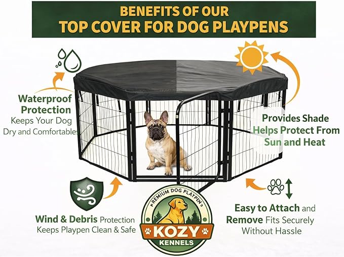Dog Playpen w/Octagon Bottom Pad & Top Cover - 32 inch, 8 Panel Portable Black Metal Pet Play Pen for Small & Medium Dogs - Indoor/Outdoor Kennel Cage for Home, Yard, RV, or Camping