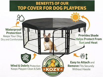 Dog Playpen w/Octagon Top Shade Cover - 40 inch, 8 Panel Portable Black Metal Pet Play Pen for Medium & Large Dogs - Indoor/Outdoor Kennel Cage for Home, Yard, RV, or Camping