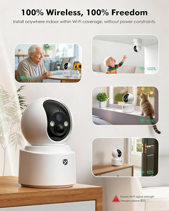 Battery Powered Indoor Camera Wireless, PTZ Pet Camera with 6000mAh Rechargeable, Dual-Band WiFi, 2.5K 4MP Color Night Vision, SD/Cloud Storage, 2-Way Audio, APP Remote, Cat/Dog/Kids/Home Monitoring
