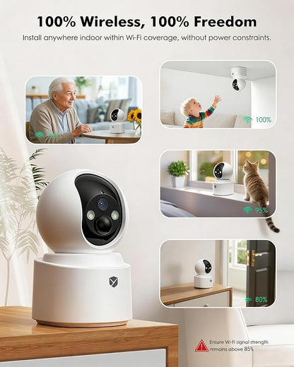 Battery Powered Indoor Camera Wireless, PTZ Pet Camera with 6000mAh Rechargeable, Dual-Band WiFi, 2.5K 4MP Color Night Vision, SD/Cloud Storage, 2-Way Audio, APP Remote, Cat/Dog/Kids/Home Monitoring
