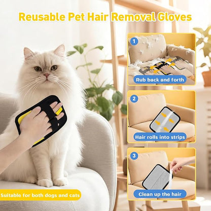 Electrostatic Pet Hair Removal Glove - Reusable Pet Hair Removal Glove with Cleaning Brush & Flea Comb for Cats & Dogs, Washable for Clothing, Couch, Carpet, Car Seat (Black/Yellow)