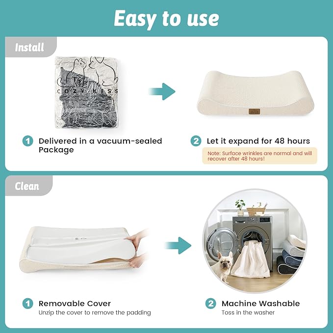 COZY KISS Orthopedic Dog Bed for Large Dogs up to 90 lbs - Removable Washable Cover with Waterproof Lining & Non-Skid Bottom, Cotton-Polyester Blend Boat-Shaped Lounger Mattress, L(45x30x6in), Beige
