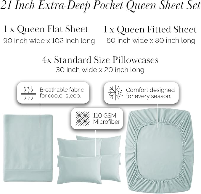 Southshore Fine Living, Inc. 21-Inch Queen Deep Pocket Sheet Set, 6-Piece Blue Sheet Set Queen Size, Pet Hair Resistant Bedding Sheets and Pillow Cases, Machine Washable, Sky Blue Sheets